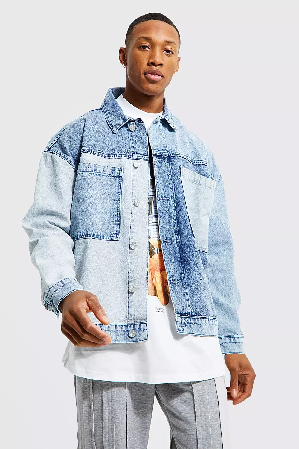 Oversized Patchwork Denim Jacket | boohooMAN USA